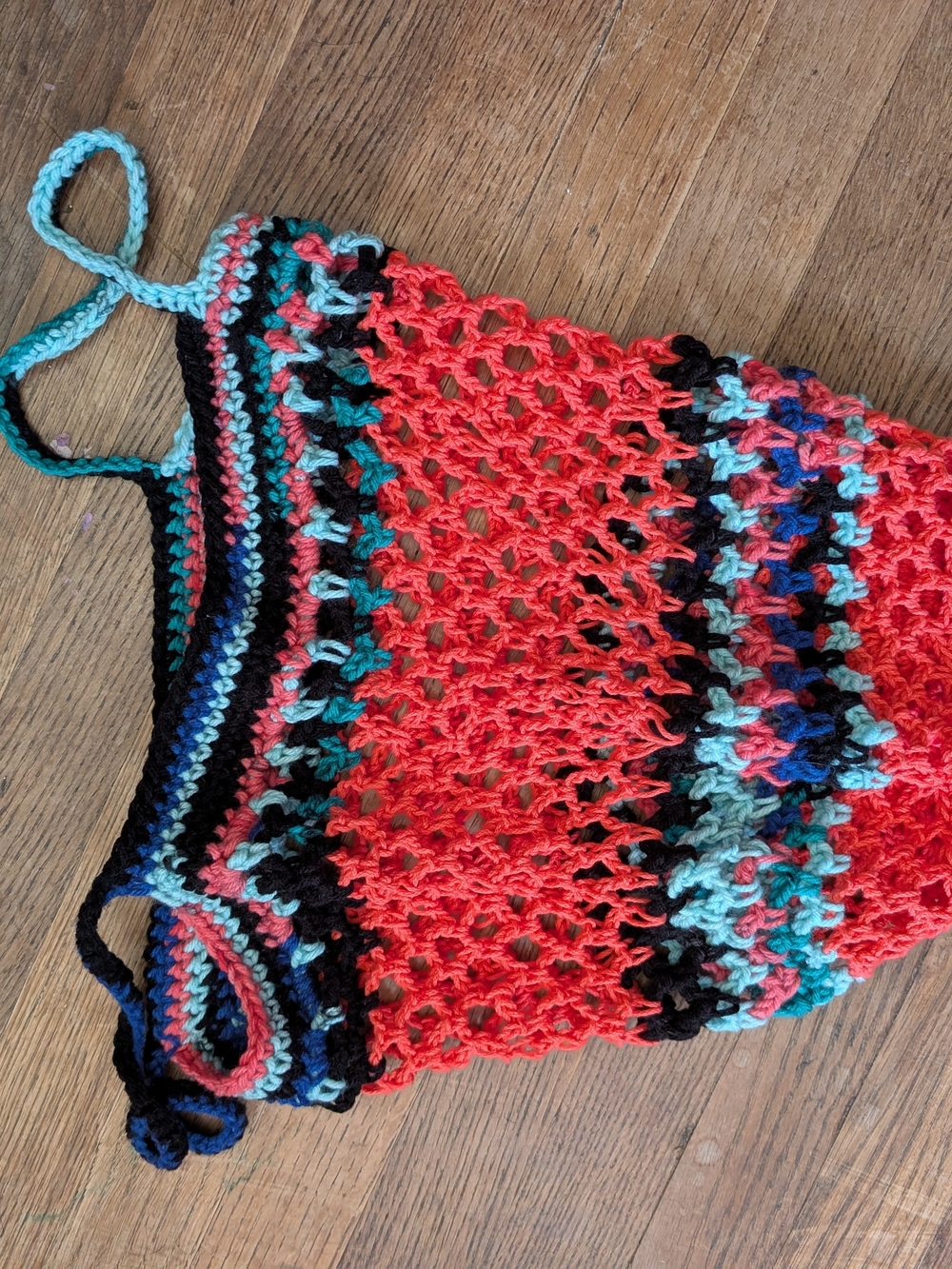 Handmade Crochet Market Tote Bag with Multicolor Accents